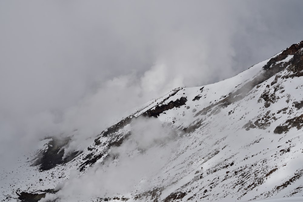 a mountain covered in snow and clouds on a cloudy day