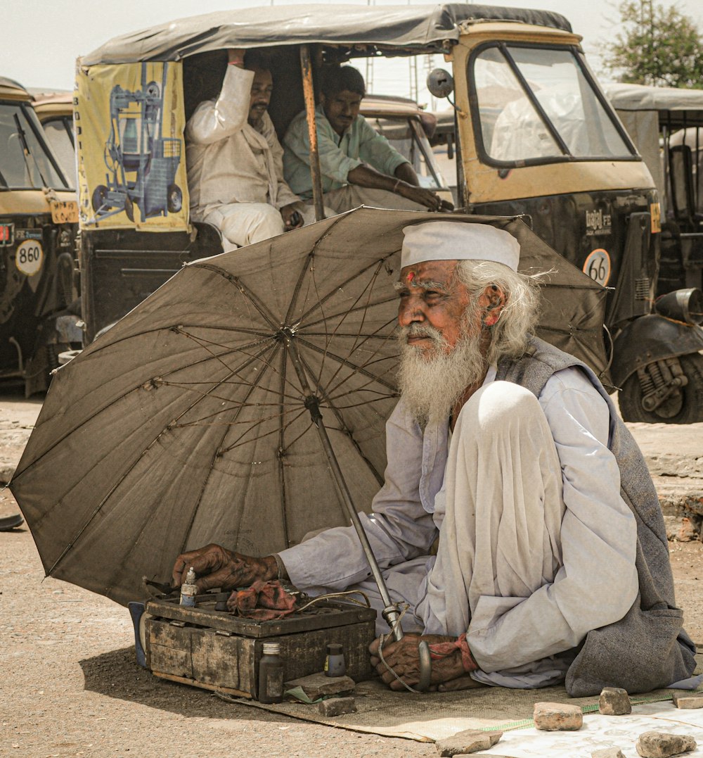 a man sitting on the ground with an umbrella
