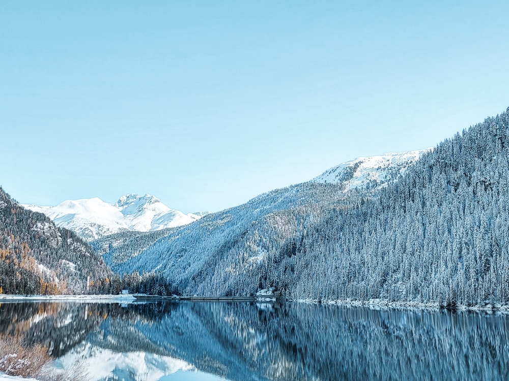 a mountain lake surrounded by snow covered mountains