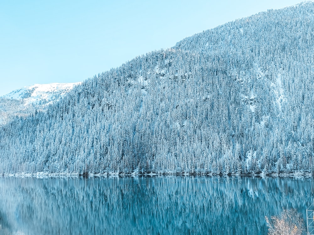 a large body of water surrounded by snow covered mountains