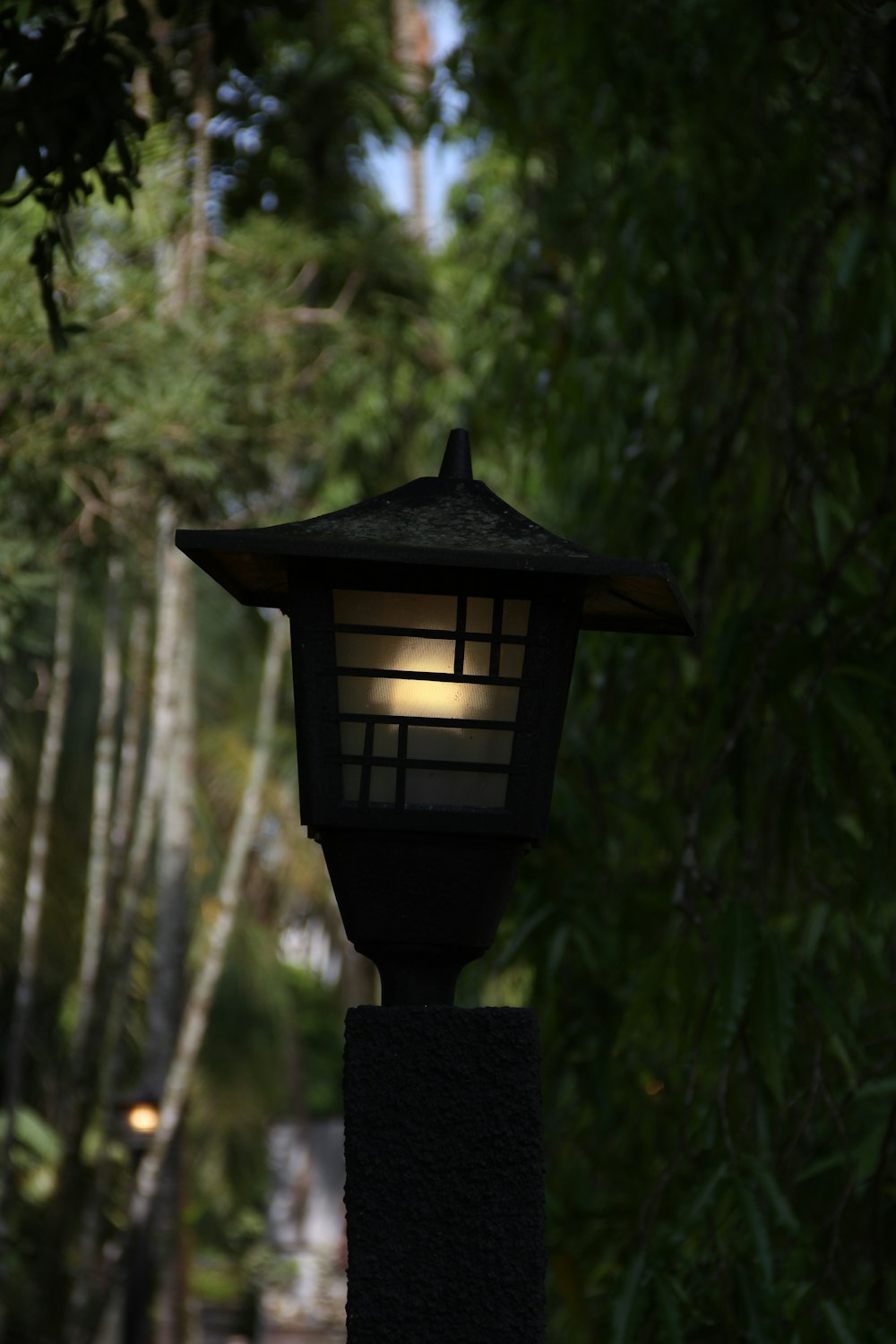 a lamp post with a tree in the background