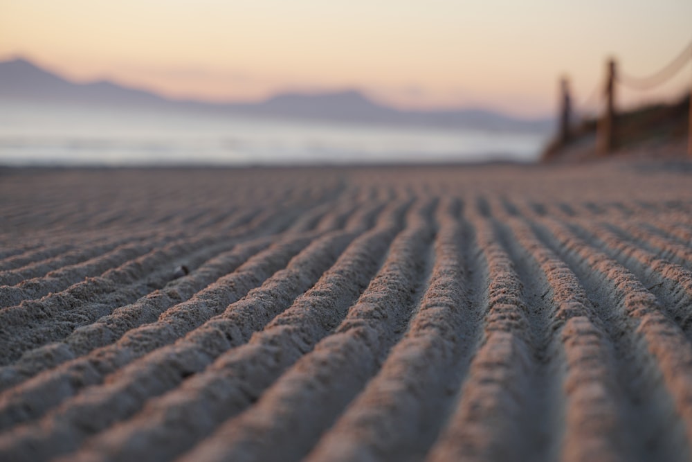 a sandy beach with a fence in the background