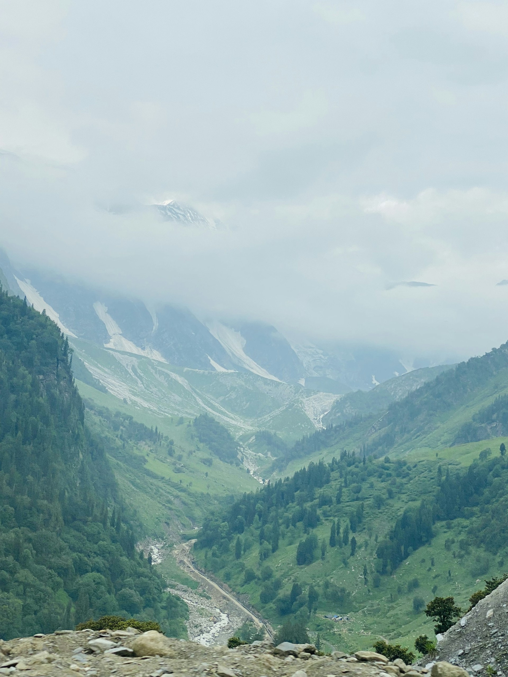 a view of a valley with mountains in the background
