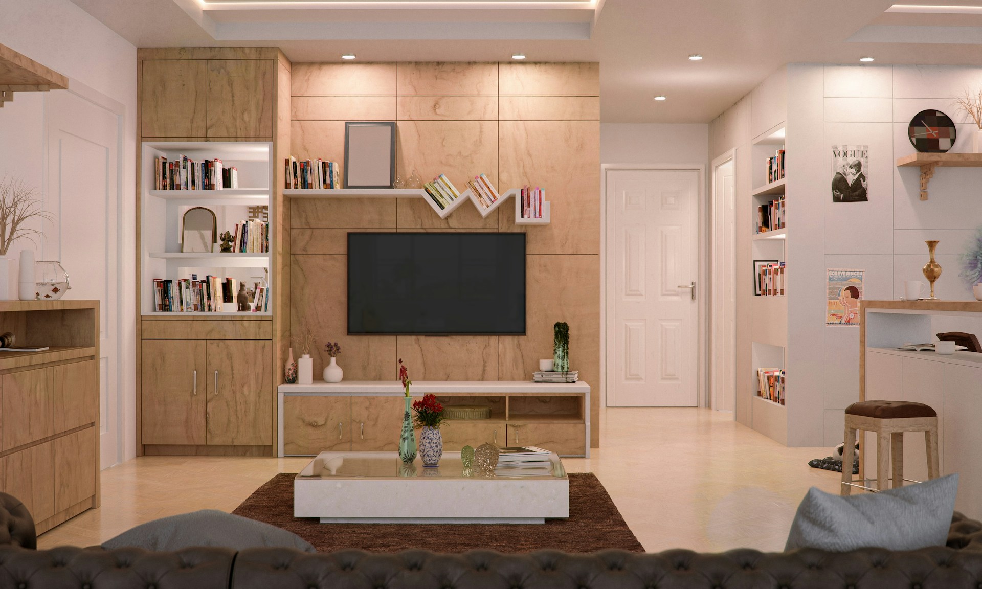 a living room filled with furniture and a flat screen tv