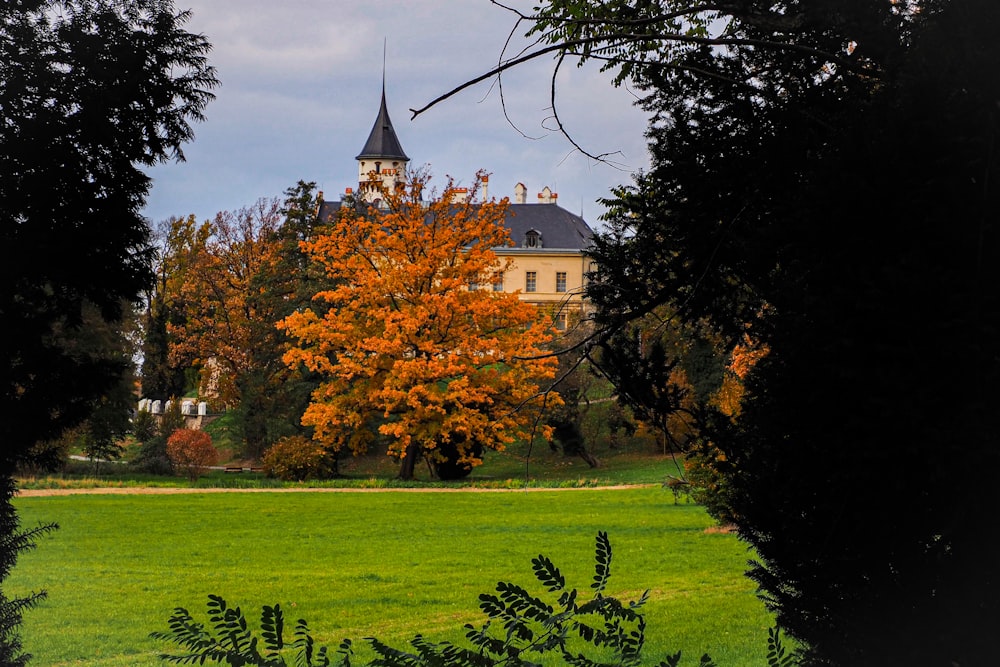 a large building with a tower surrounded by trees