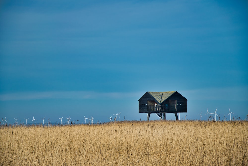 a house in a field with windmills in the background