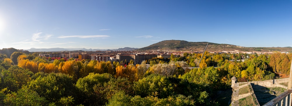 a scenic view of a city surrounded by trees