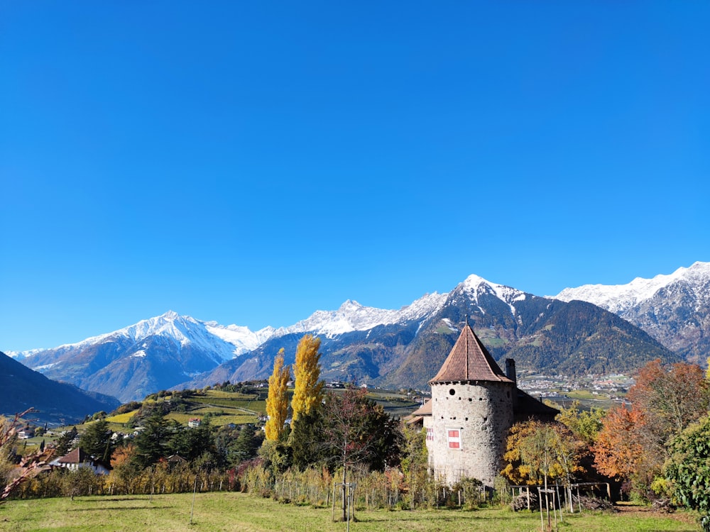 a castle in the middle of a field with mountains in the background