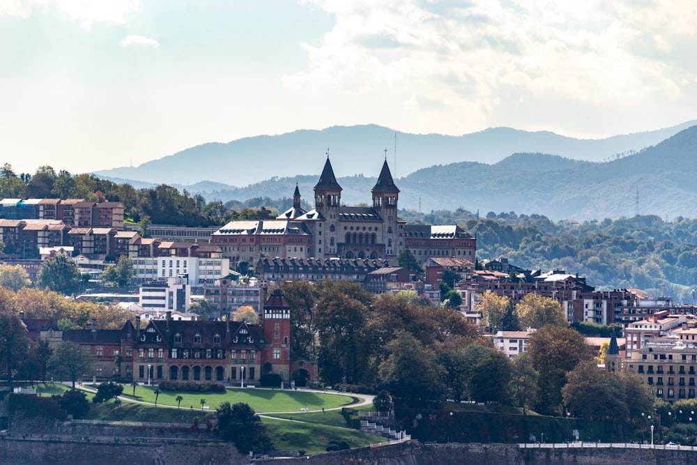 a view of a city with mountains in the background