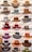 Multiple cowboy hats of various colors and styles are neatly arranged on shelves, each featuring unique designs and details including different textures and band patterns.