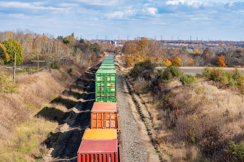 Doublestack container train running an intermodal rail corridor