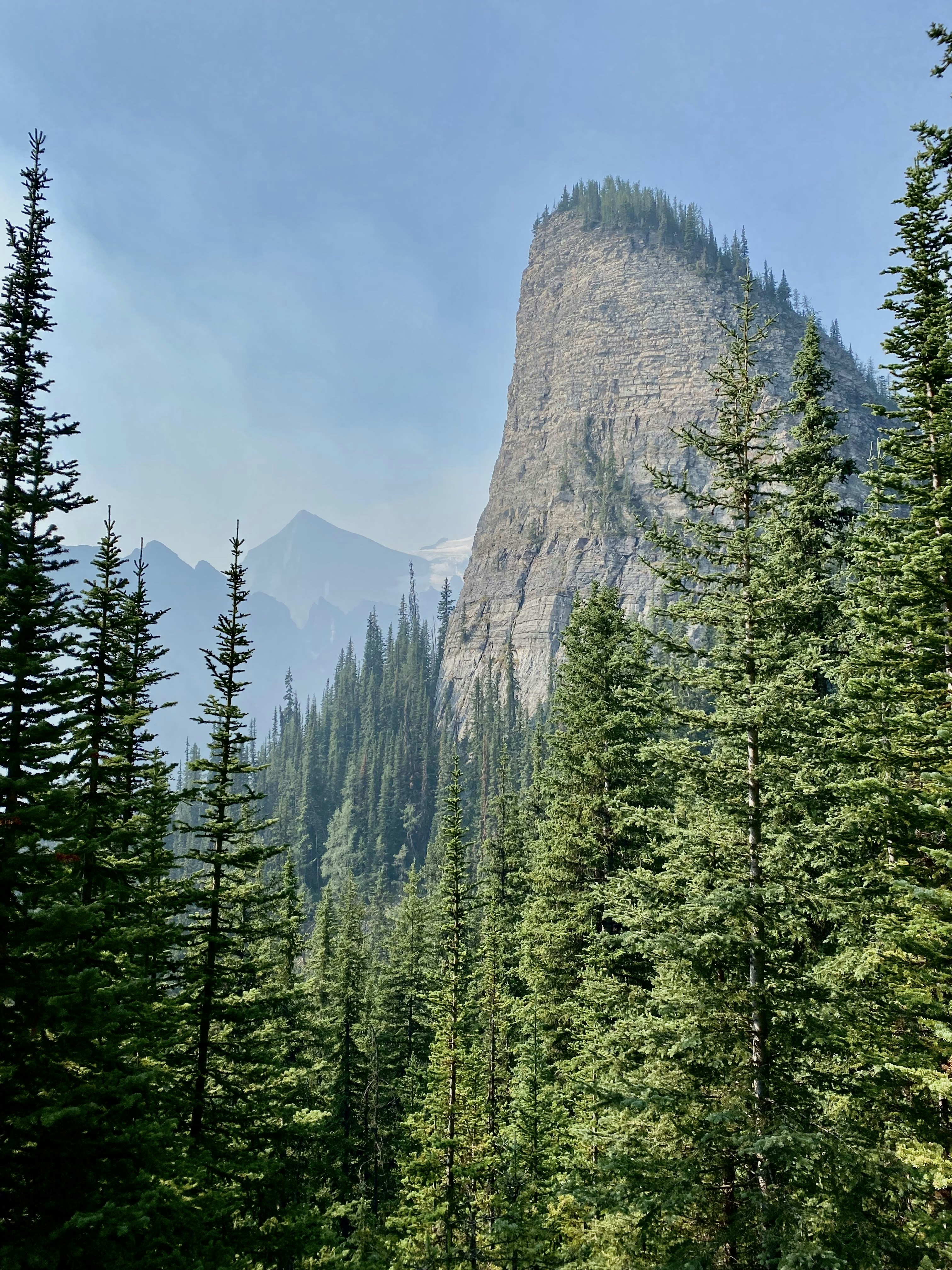 a view of a mountain with trees and mountains in the background