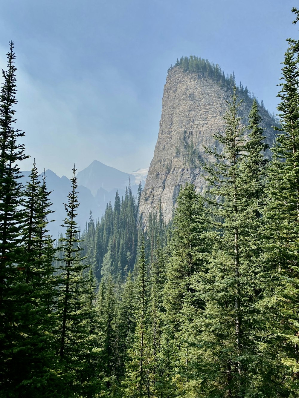 a view of a mountain with trees and mountains in the background
