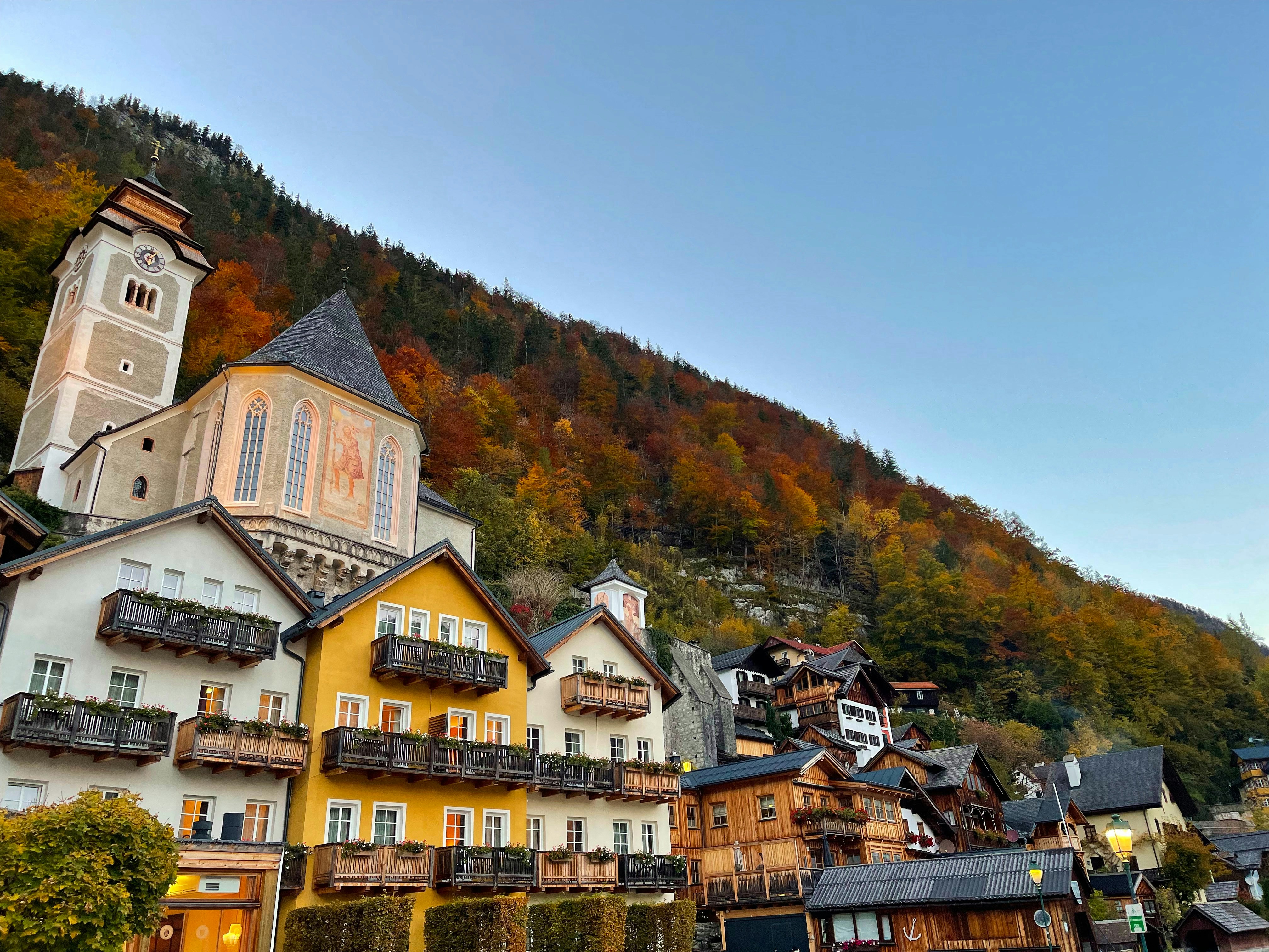 A view from the town of Hallstatt in Autumn. Austria, Europe.