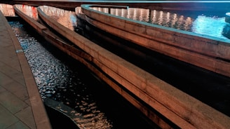 A series of curved, shallow water channels made of stone, illuminated by soft lighting. The water flows smoothly along the pathways creating gentle ripples that reflect the lights. The scene is serene and has a calming effect.