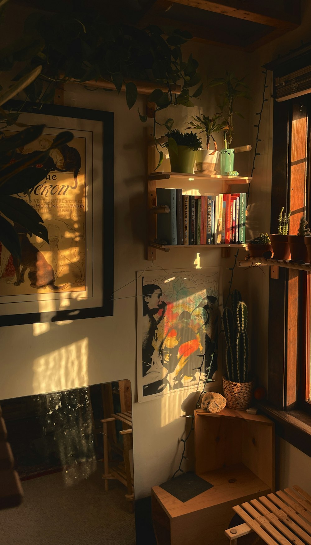 a living room with a book shelf filled with books