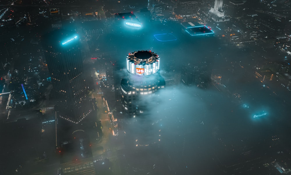 an aerial view of a city at night