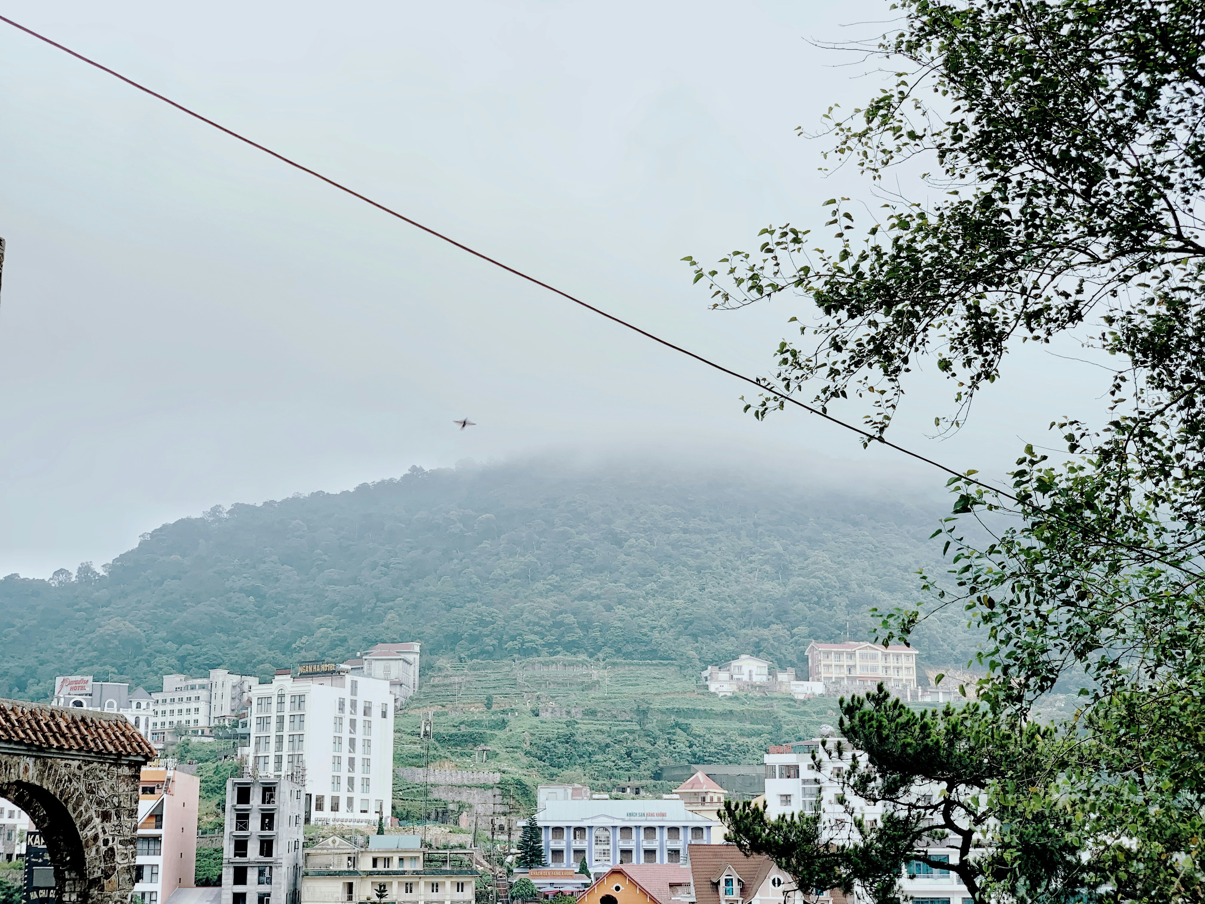 a view of a city with a mountain in the background