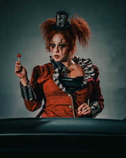 a woman dressed as a clown holding a flower