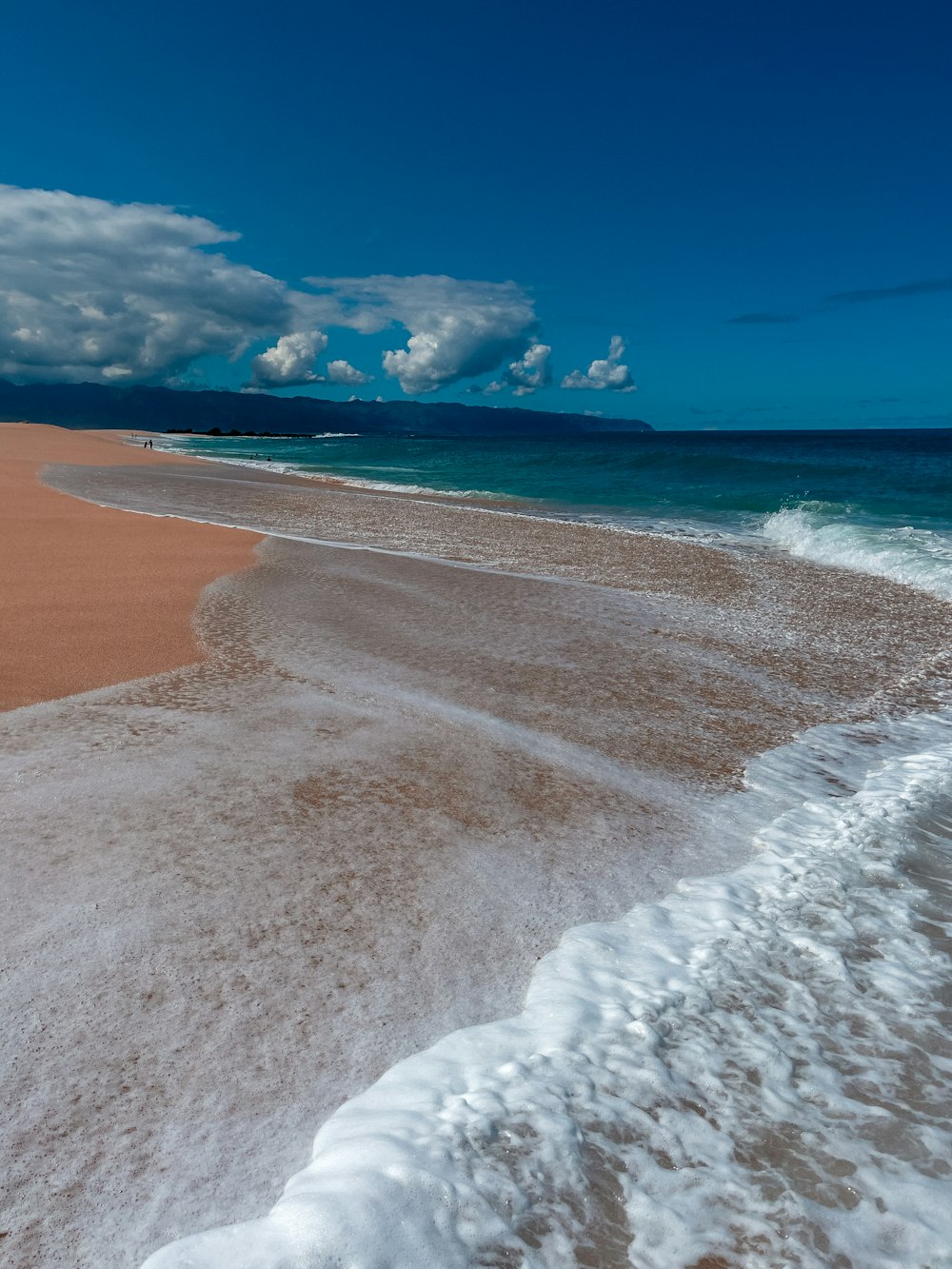 Una spiaggia sabbiosa con onde che entrano ed escono dall'acqua