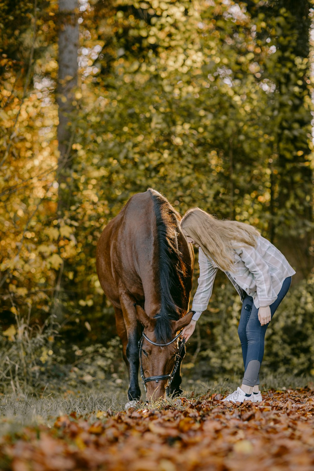 a woman standing next to a brown horse in a forest