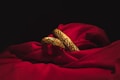 Two intricately designed gold bangles rest elegantly on a rich, red fabric. The deep shadows of the surrounding area contrast with the vibrant brightness of the gold and the fabric, highlighting the detailed floral patterns etched into the metal.