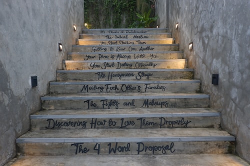 A staircase with motivational and relationship-themed phrases written on each step. The setting is outdoors, surrounded by concrete walls and minimal lighting. At the top, there is greenery visible.