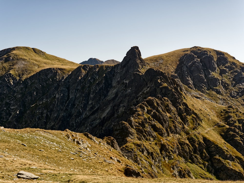 a group of mountains that are in the grass