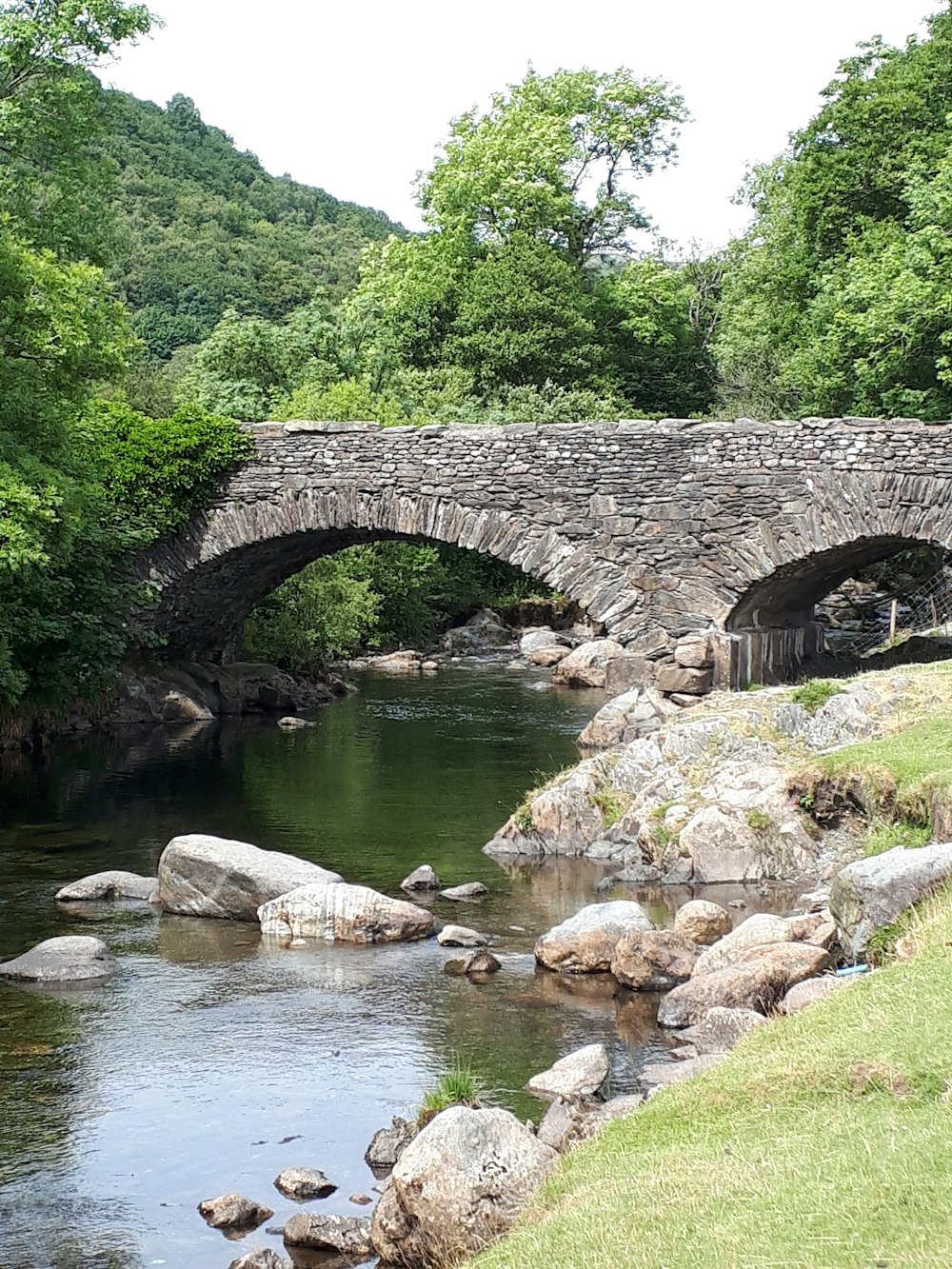 a stone bridge over a river surrounded by trees