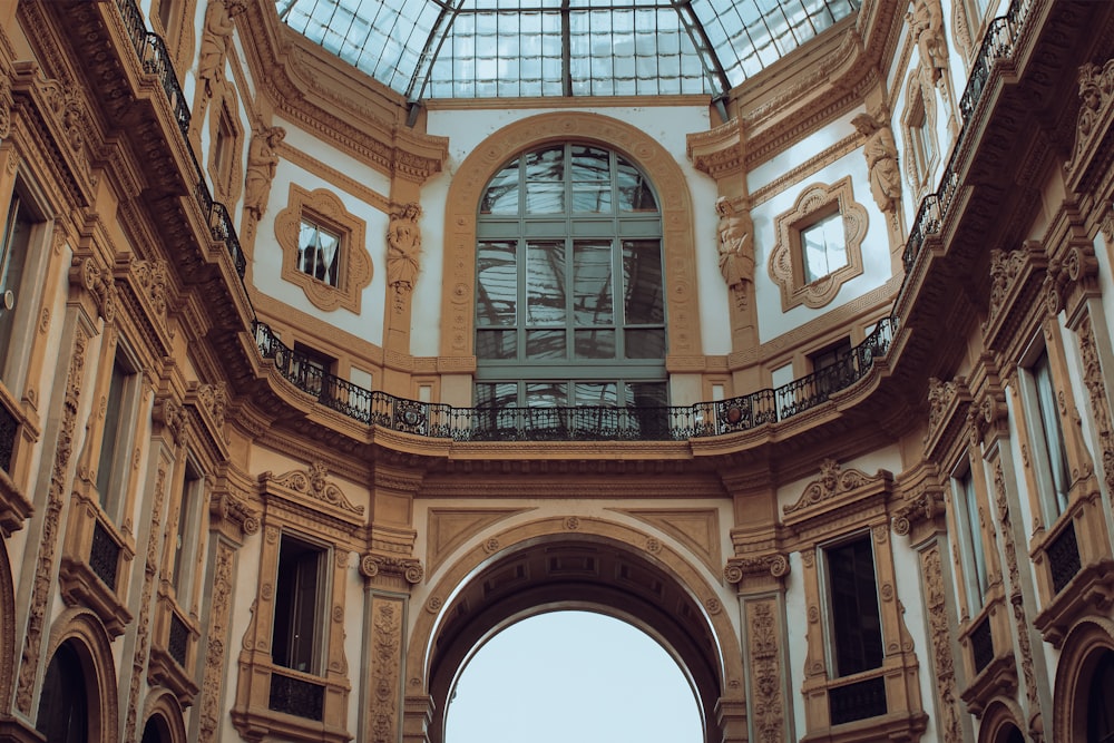 the inside of a building with a glass roof