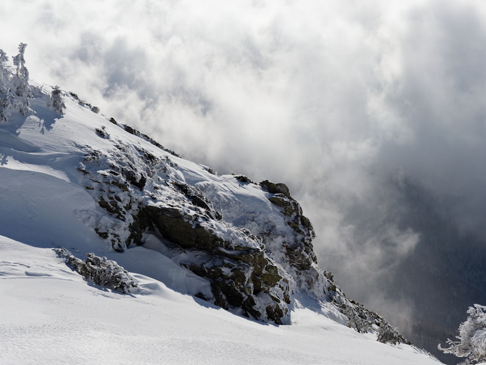 a mountain covered in snow and clouds on a cloudy day