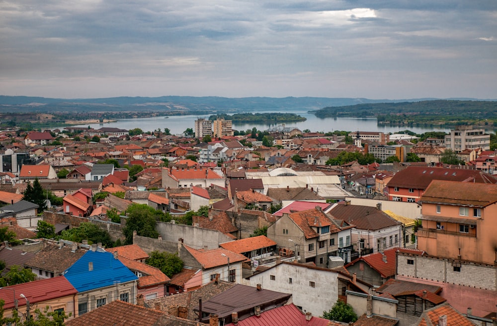 a view of a city with a lake in the background