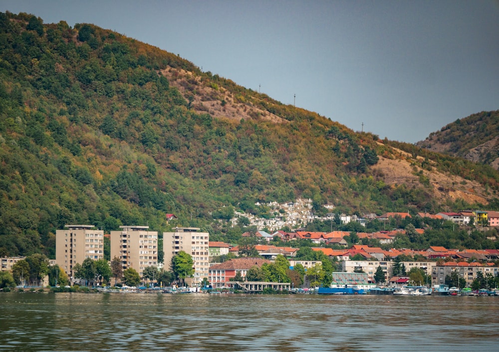 a large body of water next to a lush green hillside