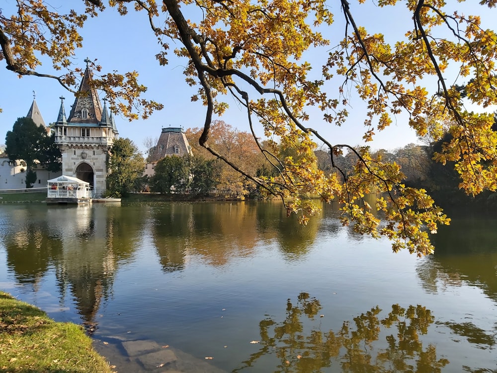 un lac avec un bateau entouré d’arbres