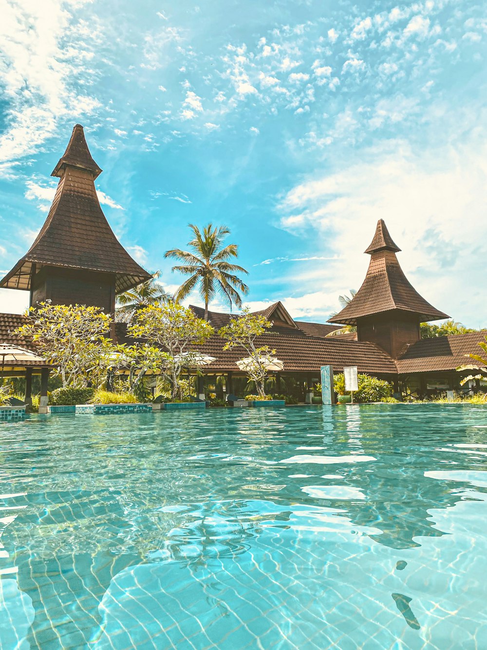 a large swimming pool surrounded by palm trees