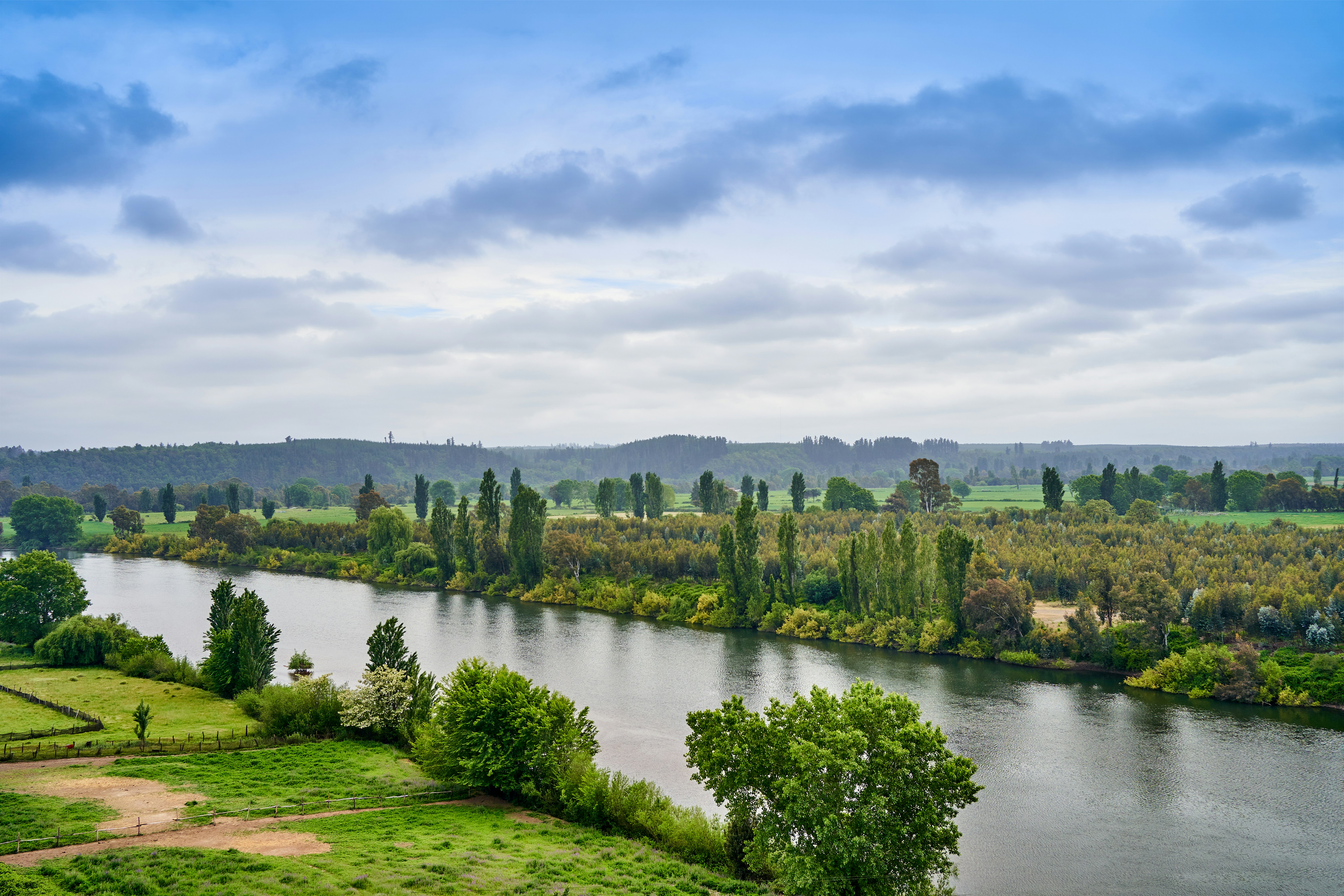 Serene view of the Ghaghara river flowing peacefully through rural Bihar landscape with lush greenery and traditional cottage in the distance