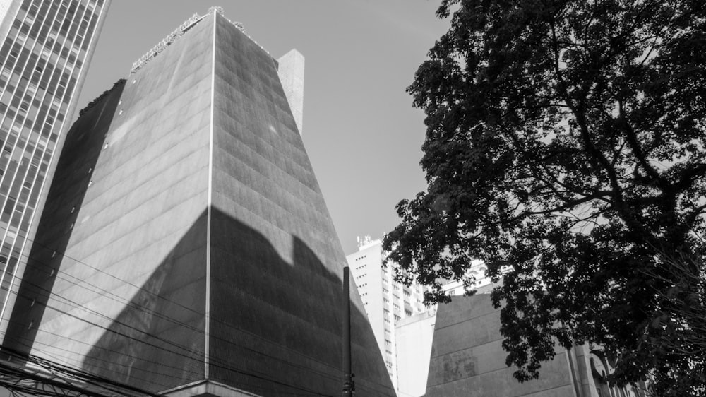 a black and white photo of a tall building