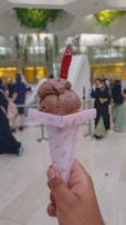 A hand holds a cone with scoops of chocolate ice cream topped with a red chili. The cone has a floral design. There is an indoor setting with blurred people in the background and greenery hanging from the ceiling.