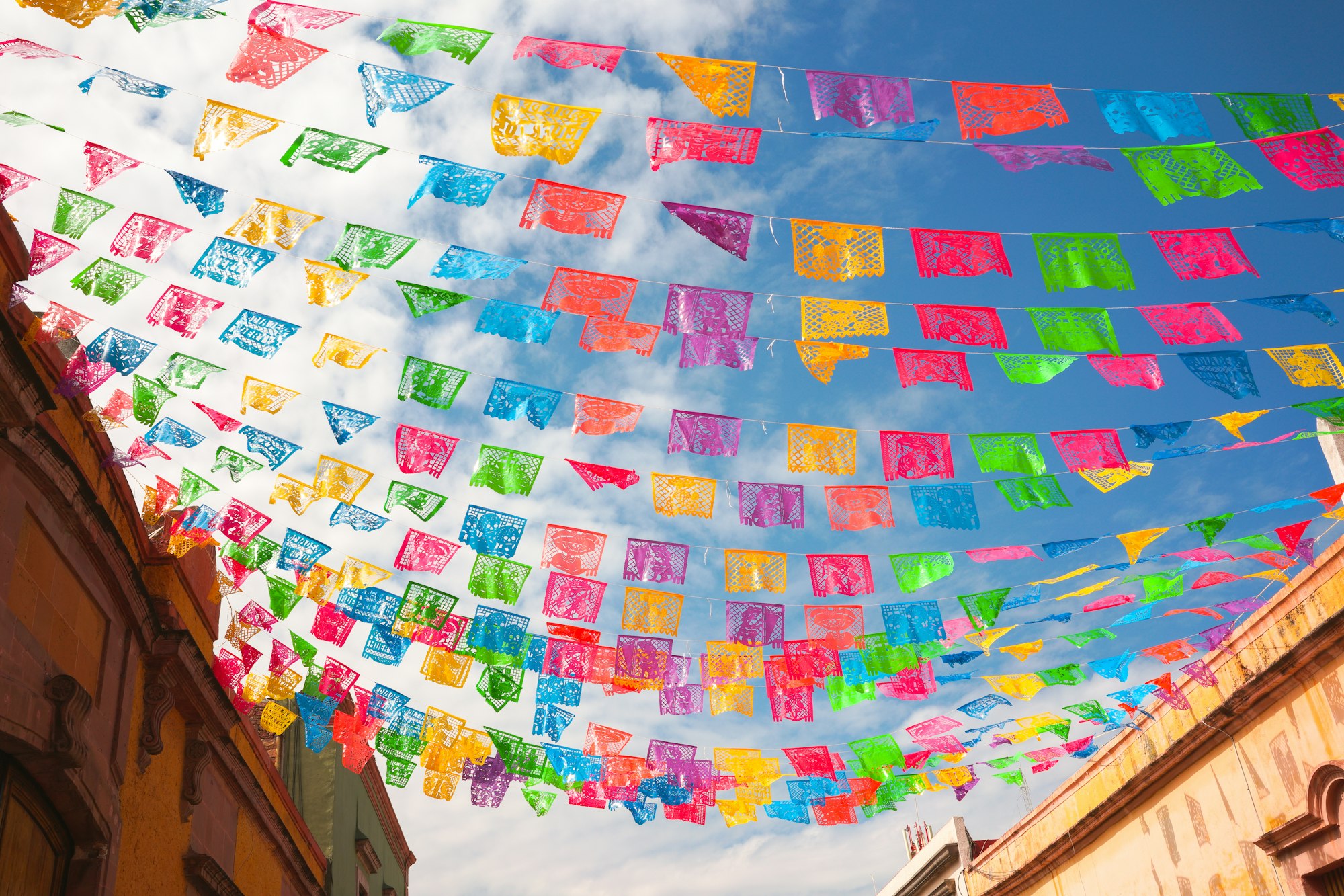 Photo of colorful papel picado banners strung between two buildings with a partly cloudy sky behind.