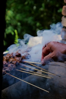 A hand is turning skewers of grilled meat over a smoky barbecue. The scene is set against a blurred backdrop of greenery, suggesting an outdoor setting.
