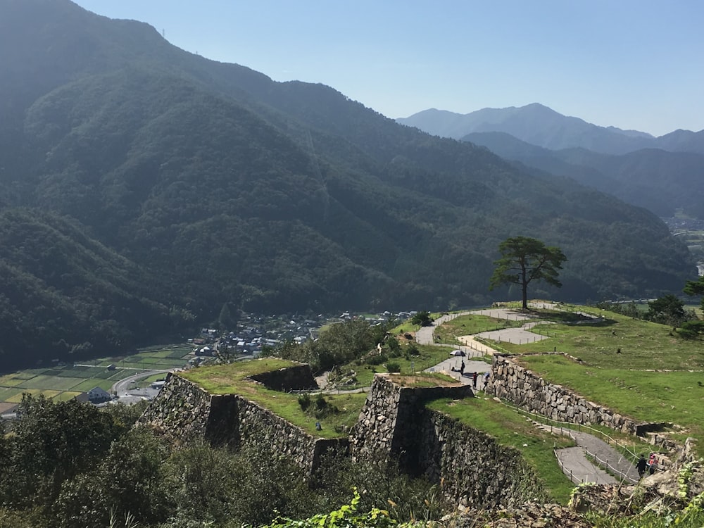 a scenic view of a valley with a mountain in the background