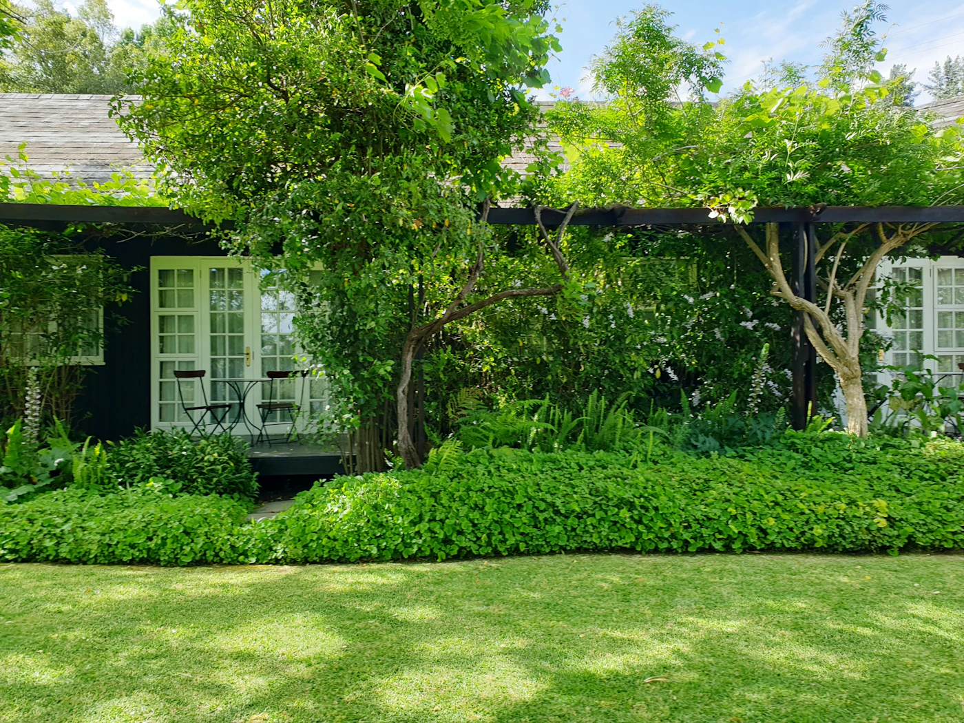 House with a green lawn and trees in front