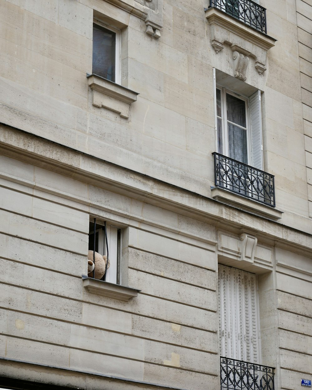 a building with two windows and a cat in the window