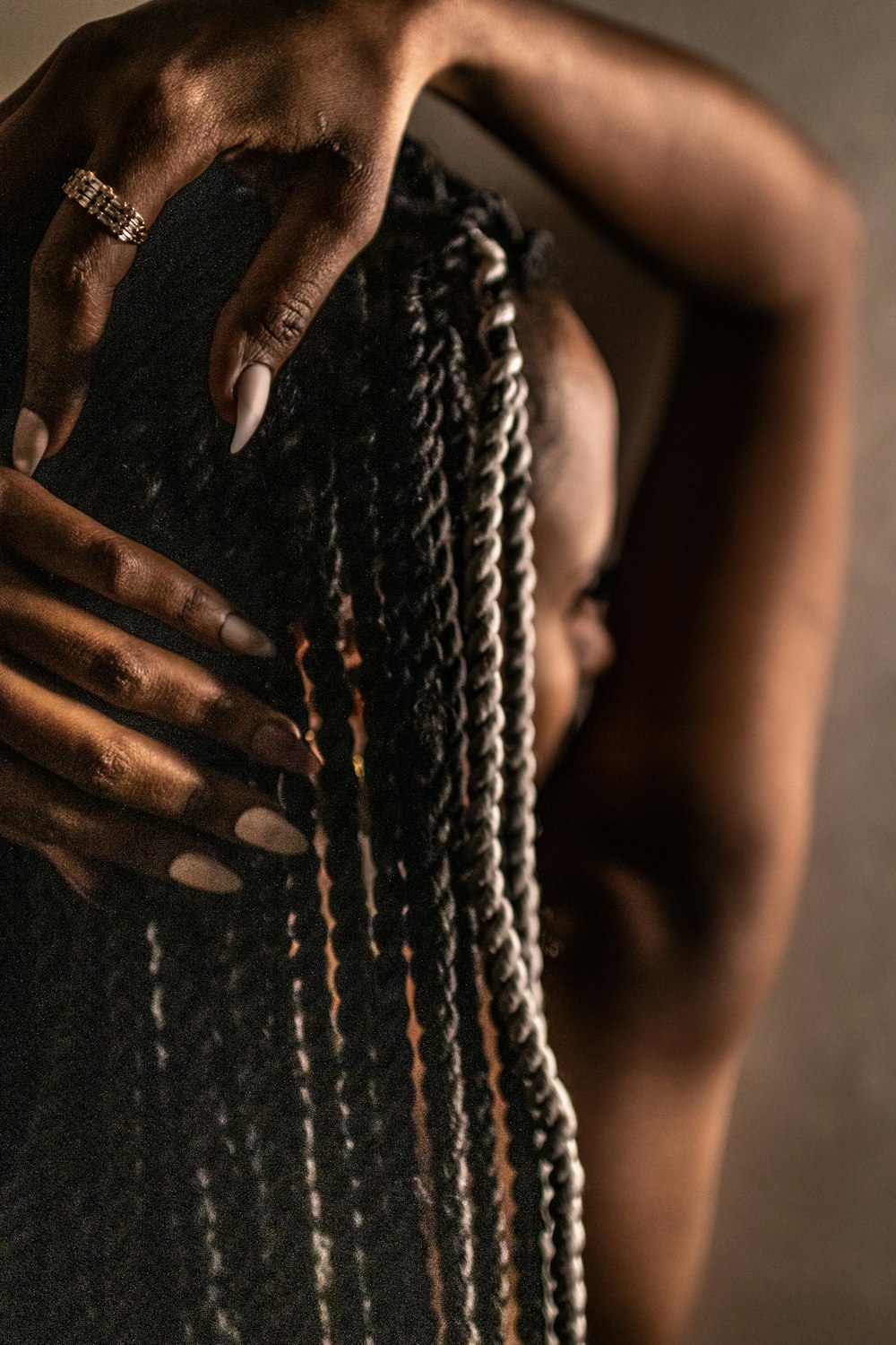 a close up of a person with long hair