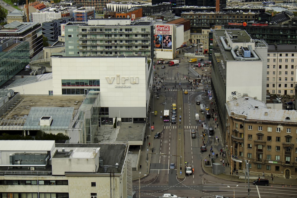 an aerial view of a city street and buildings