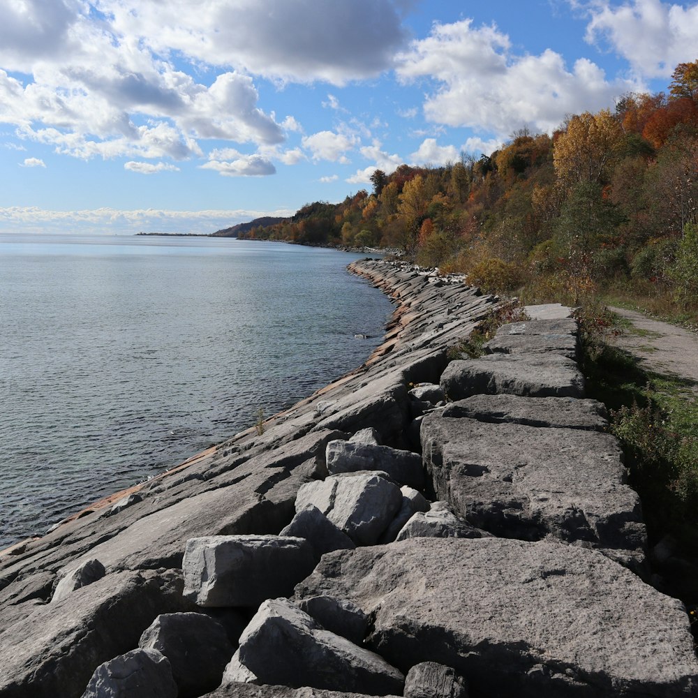 a large body of water sitting next to a rocky shore