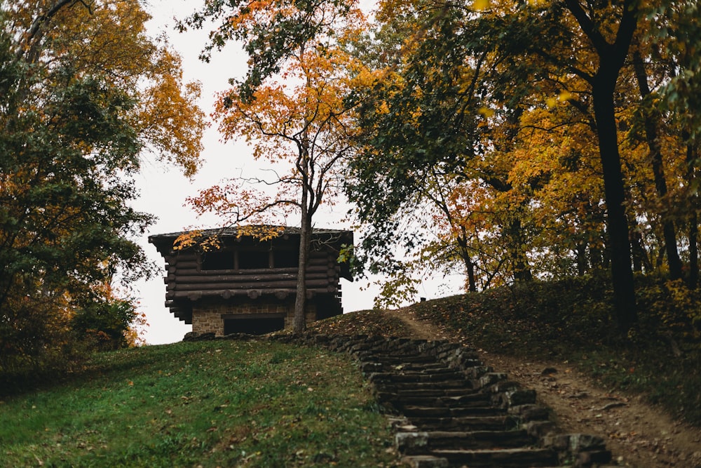 a wooden structure sitting on top of a lush green hillside