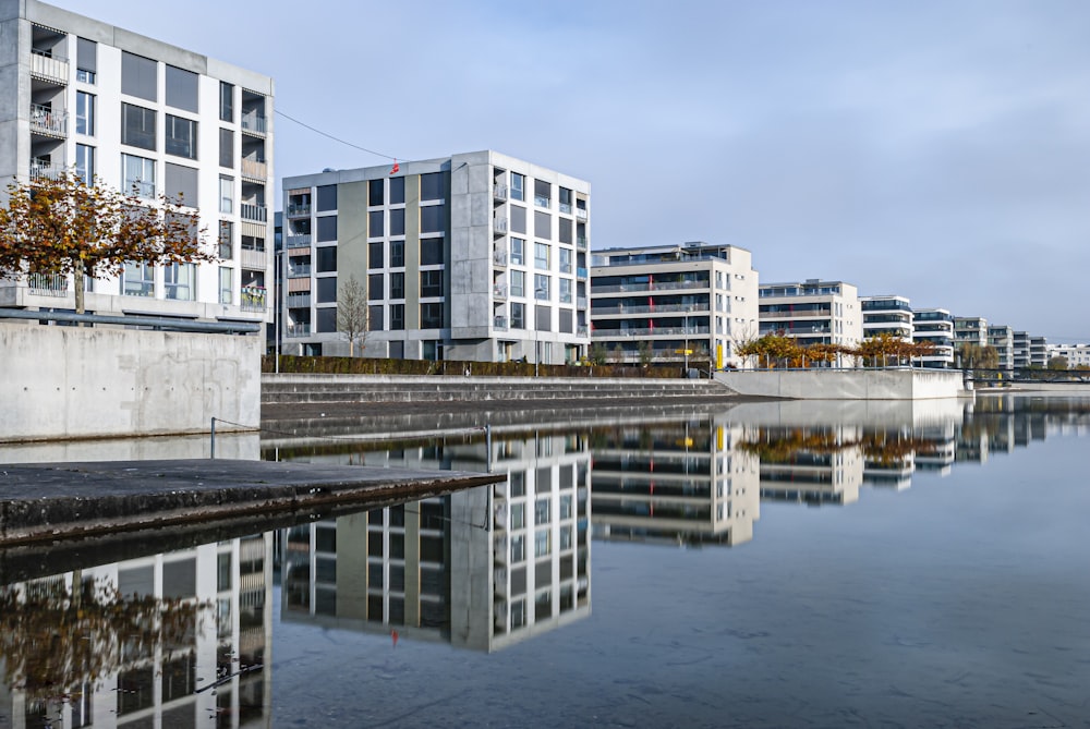 a body of water with buildings in the background