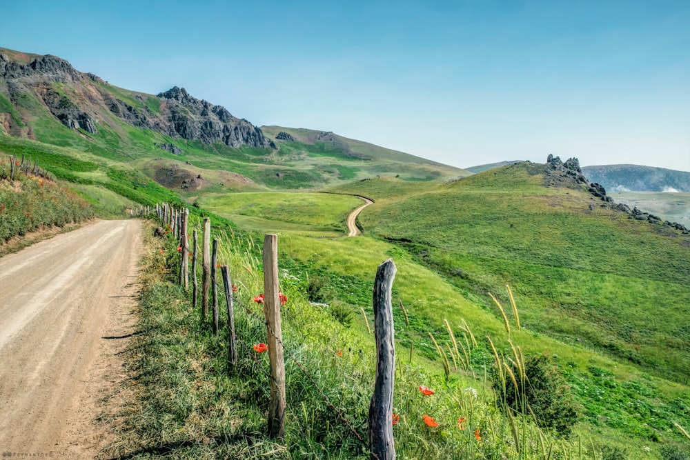 a dirt road going through a lush green hillside