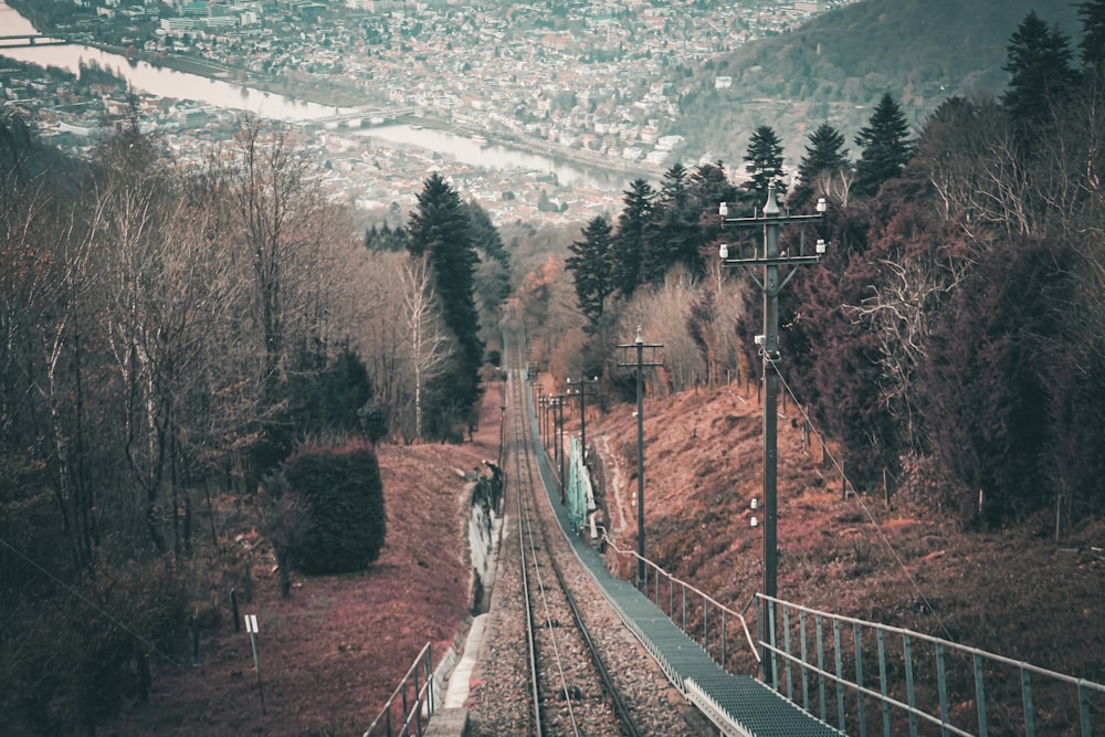 a train traveling down tracks next to a lush green hillside
